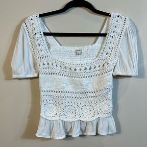 Sim & Sam White Crochet Square Neck Summer Beach Crop Ruffle Shirt Women’s XS